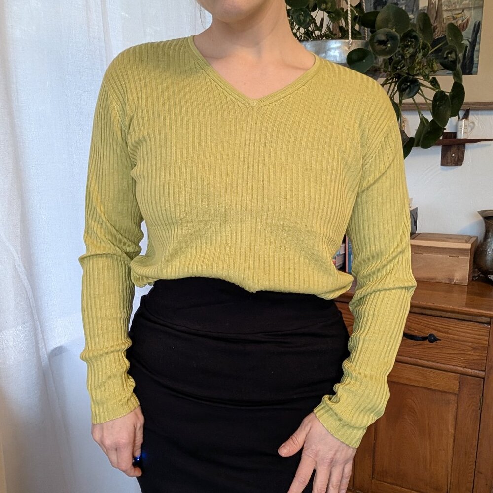 Joseph A - 100% Silk ribbed knit sweater - chartreuse - XL